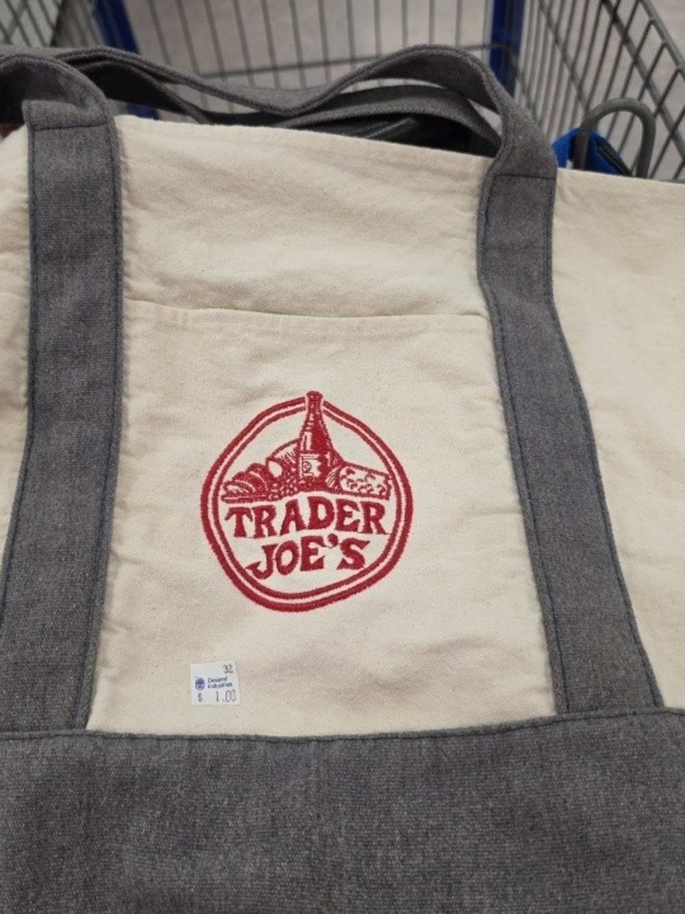 Trader Joe's Cream Canvas Tote with Gray Handles and Red Logo